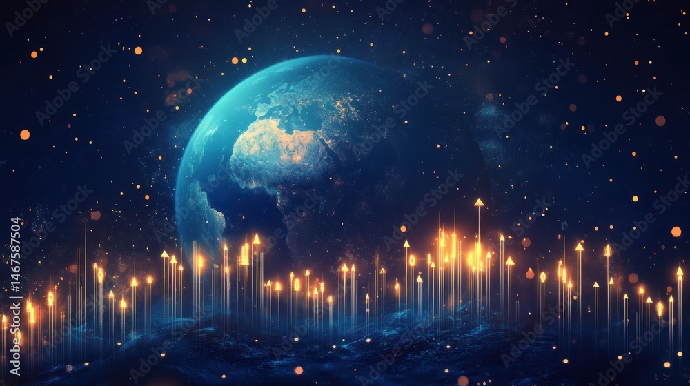 Naklejka premium Illuminated Earth with glowing pillars rising from below, set against a dark, starry backdrop