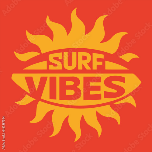 Retro surf vibes typography with summer sun and surfboard graphic for t-shirt, poster or sticker – Vector