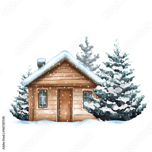 Winter chalet illustration. Wooden cabin in fir forest