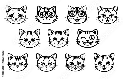Collection of cute cat face icons with various expressions for pet branding, feline illustration, cartoon design