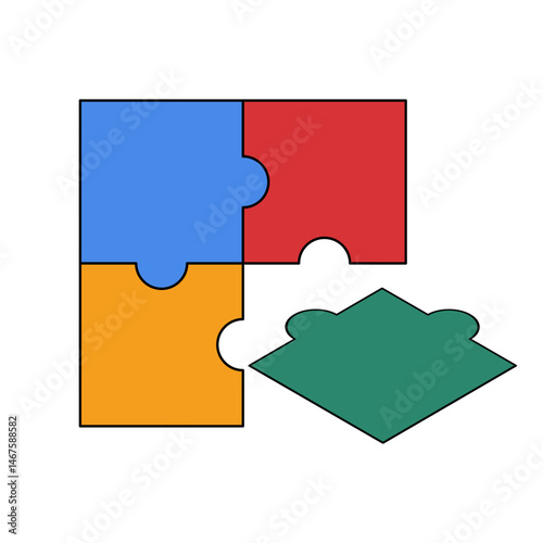 Detached Puzzle Piece in Colorful Jigsaw Set Vector Illustration. Three pieces are connected together, while the fourth green puzzle piece is separated and placed slightly apart.