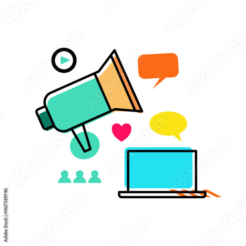 Vector icons illustrating digital marketing concepts: megaphone, laptop, speech bubbles, play icon, audience, and heart. Ideal for social media posts, online ads, and digital communication projects.