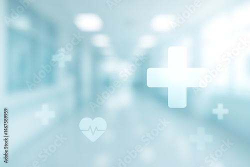 Hospital Corridor Abstract: A softly blurred image of a hospital corridor, featuring medical cross symbols and a heartbeat monitor graphic subtly superimposed.