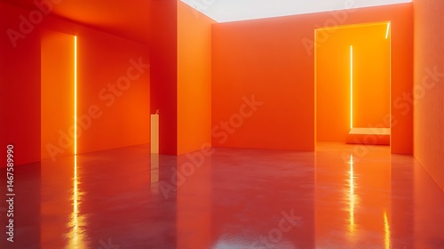 Empty vibrant orange room with glowing lines