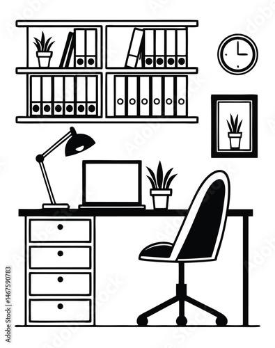 Modern Minimalist Home Office Workspace Silhouette with Desk and Bookshelves