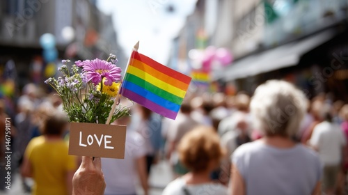 Person holding a bouquet of flowers and a rainbow flag with the word LOVE written on it
