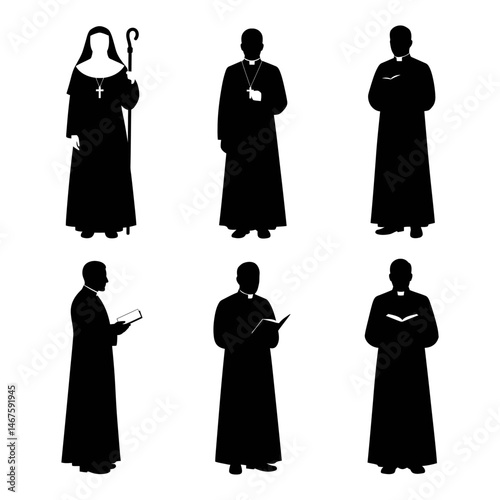 Silhouette Set of Religious Figures Priest, Nun, and Bishop