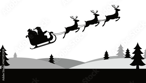 Santa Claus in his sleigh pulled by reindeer flying over snowy landscape