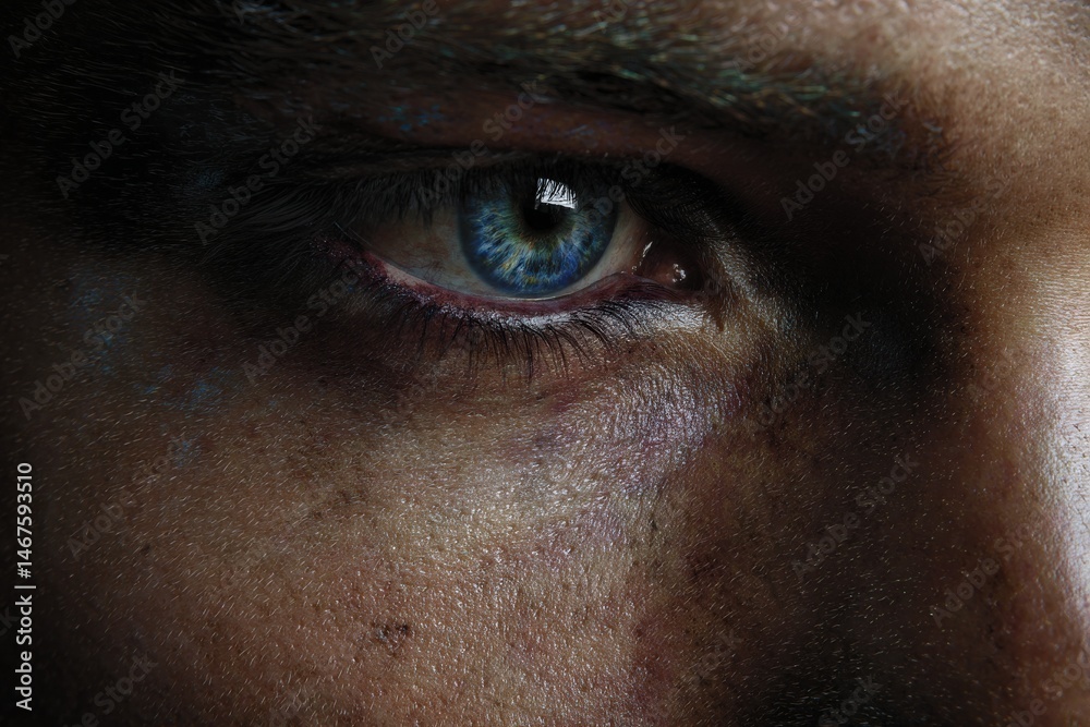 Naklejka premium Close-up of a man's piercing blue eye, intense gaze.