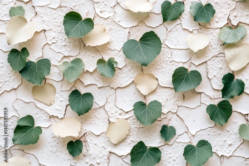 A minimalistic arrangement of green and light-colored aspen tree leaves on textured white bark
