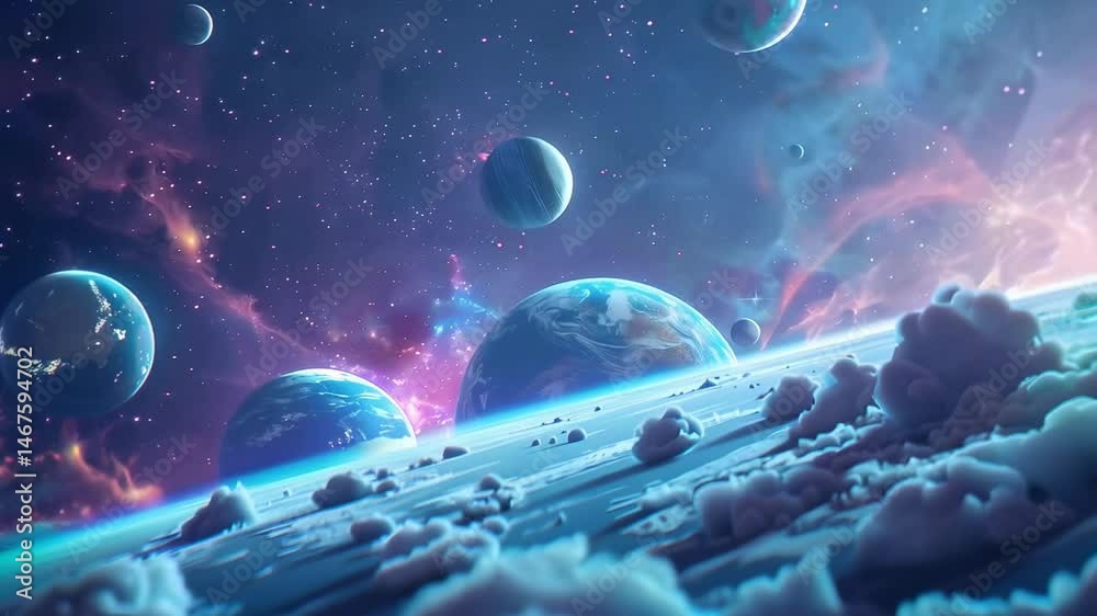 Colorful space scene with planets stars and nebulae