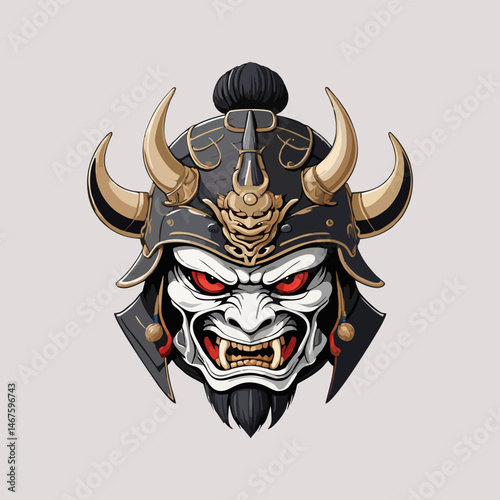 Japanese mythological samurai demon mask vector design with dark expression intricate helmet perfect for tattoo design folklore artwork and oriental culture illustration