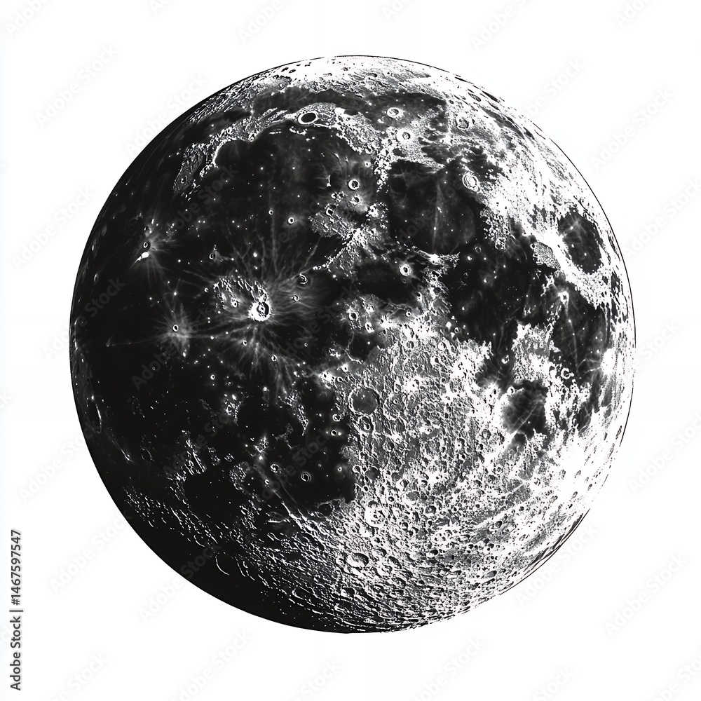 Naklejka premium Detailed Black and White Lunar Surface High Resolution Moon Image Sky Dark Space Night Photo Earth