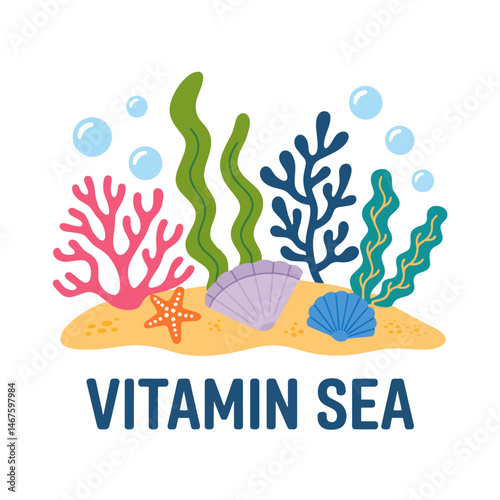A whimsical underwater scene illustration with vibrant
sea life elements arranged on a light beige sandy base