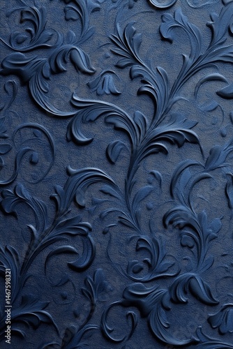 Intricate embossed floral pattern in dark blue, showing depth and texture