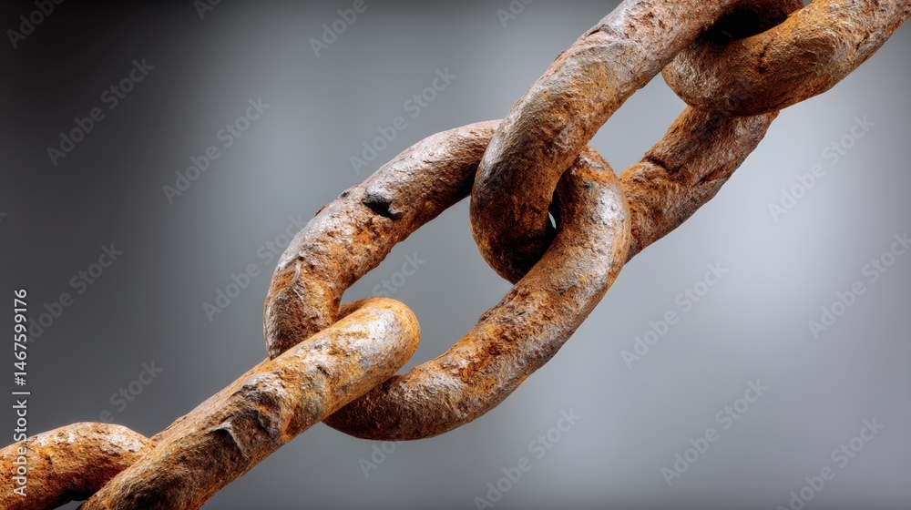 Fototapeta premium Rusty chain is shown in a close up. The chain is old and worn, with a few missing links. The image has a moody and somewhat melancholic feel, as the chain's worn appearance suggests a sense of decay