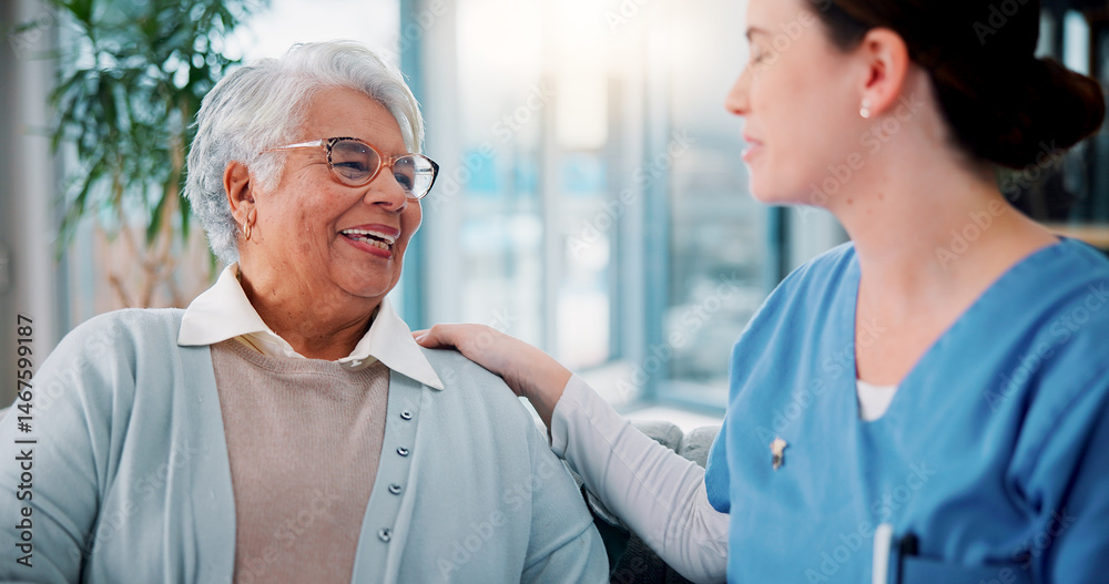 Fototapeta premium Senior woman, nurse and laughing on sofa for funny conversation, healthcare support and medical service. Elderly person, caregiver and happy for homecare assistance, kindness or empathy in retirement