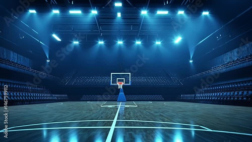 Empty basketball court with bright lights shining down