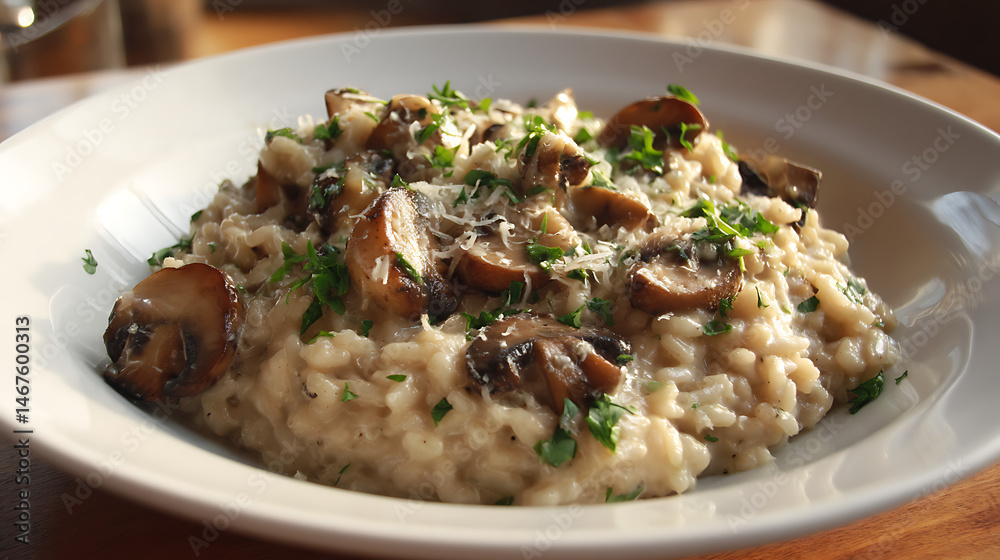 Mushroom Risotto: A culinary masterpiece featuring creamy mushroom risotto, garnished with fresh herbs, presented in a pristine plate, a celebration of flavors and textures. Mushroom Risotto: A culinary masterpiece featuring creamy mushroom risotto, garnished with fresh herbs, presented in a pristine plate, a celebration of flavors and textures.