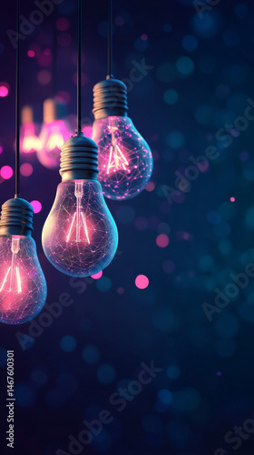 Three light bulbs hanging from a string, one of which is pink