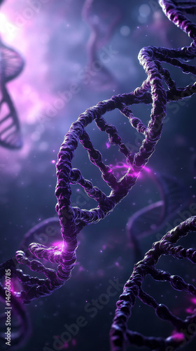 A purple DNA strand is shown in a dark background