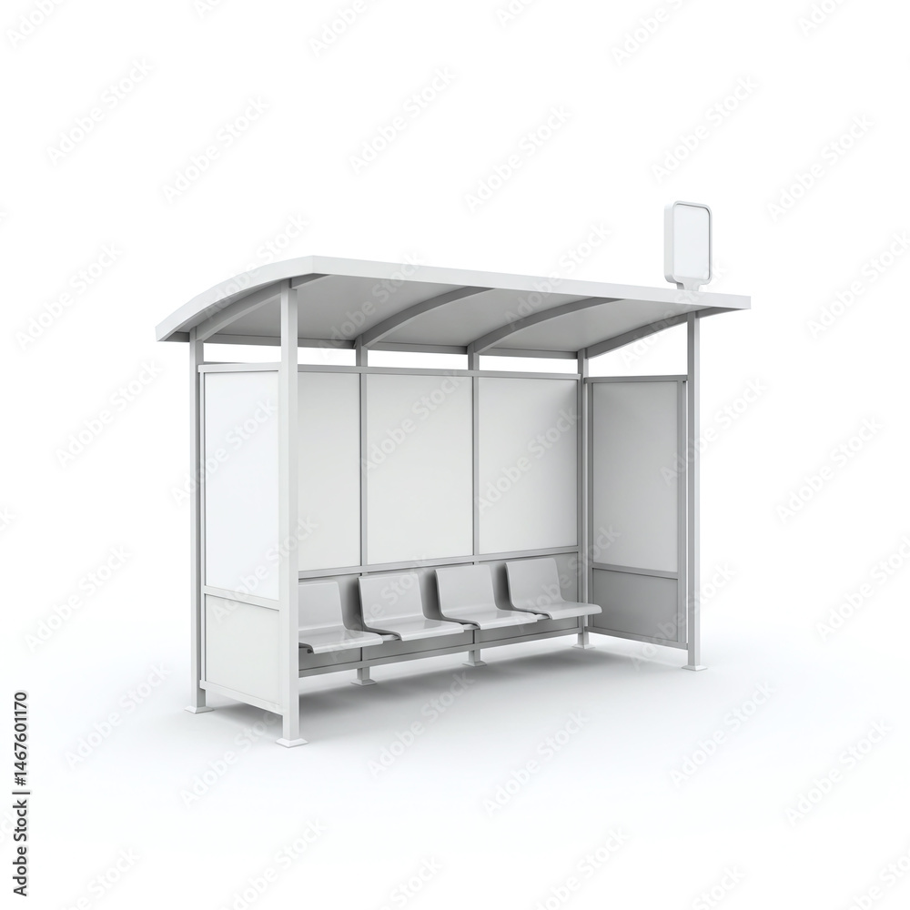 White Bus Stop with Seating Area and Display Panel