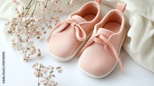 Wallpaper Mural Soft pink baby shoes surrounded by delicate flowers on fabric Torontodigital.ca