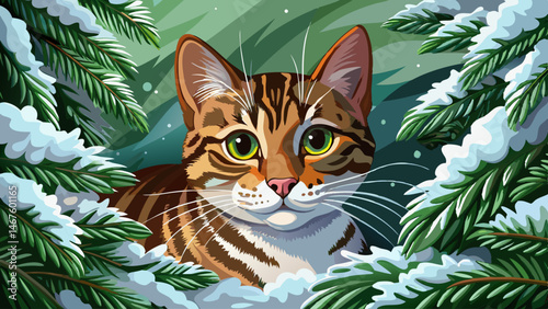 Cute Tabby Cat Hiding in Snow Covered Evergreen Tree