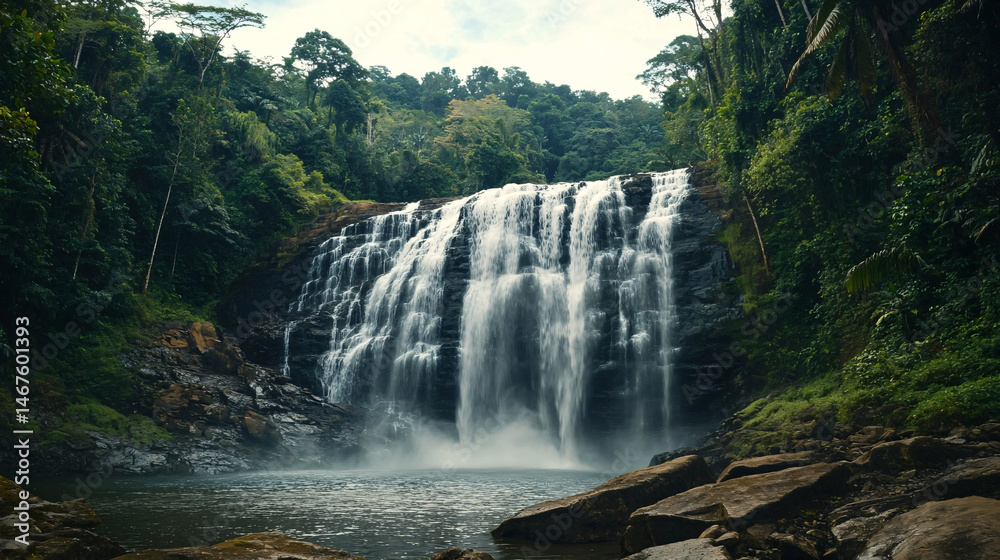 Fototapeta premium A cascading waterfall plunges down mossy rocks amidst a vibrant, lush green tropical forest.