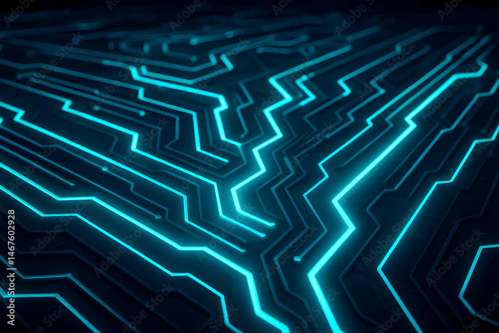 A close-up view of a futuristic circuit board with glowing blue lines, highlighting the intricate design and technology used in modern electronics and digital connections.