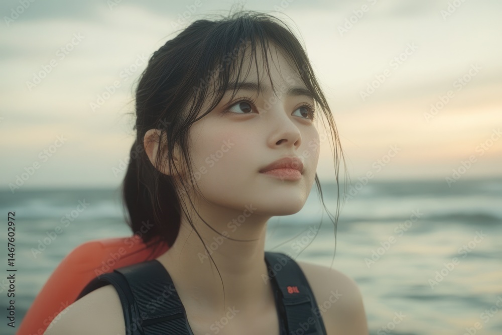 Swimsuit-clad Asian woman looking out to sea, imagining new horizons Swimsuit-clad Asian woman looking out to sea, imagining new horizons