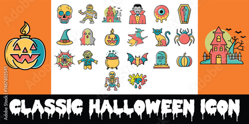 Classic Colorful Halloween Icon Bundle Vector Art Featuring Pumpkins Ghosts Bats Witches and Spooky Symbols Perfect for Party Decorations Digital Art Crafts and Holiday Graphics