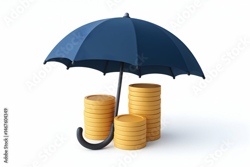 A conceptual image of financial protection. A dark blue umbrella is placed over stacks of golden coins, symbolizing security and safeguarding wealth against uncertainties.