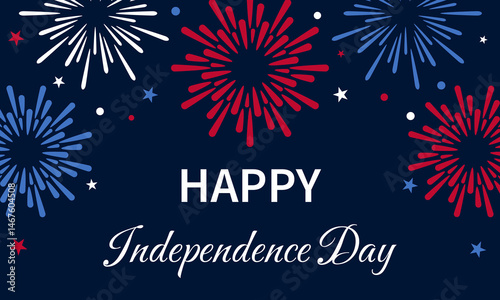 Happy Independence day, 4th July national holiday. Festive banner with fireworks in USA flag colors. Vector illustration