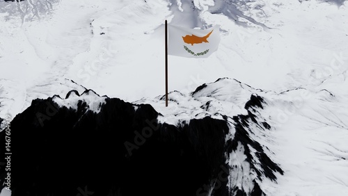 3D rendering of the Cyprus national flag, featuring a copper-orange silhouette of the island centered on a white field, above two crossed olive-green branches, gracefully waving atop a snow-covered mo