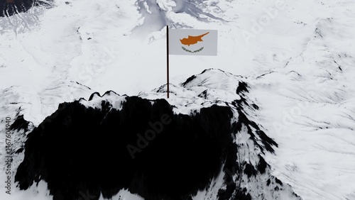 3D rendering of the Cyprus national flag, featuring a copper-orange silhouette of the island centered on a white field, above two crossed olive-green branches, gracefully waving atop a snow-covered mo