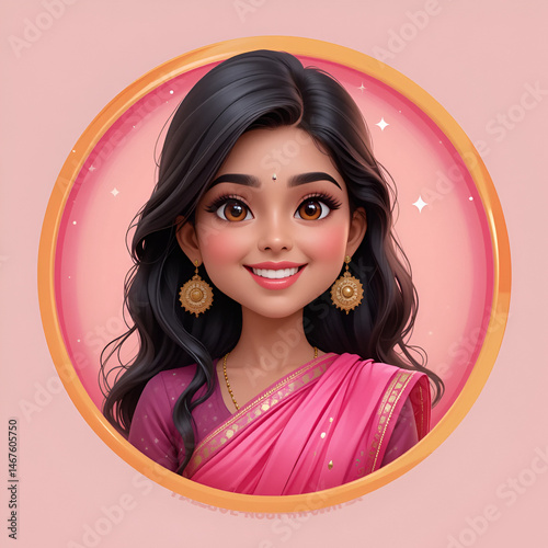 3D Indian woman avatar in sari, vector cartoon female character face, professional business lady. Happy smiling young person ethnicity portrait, pink saree clothes, round frame. Indian woman clipart