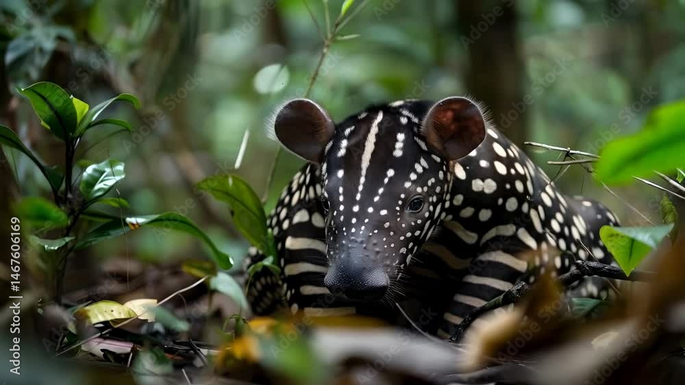 Spotted baby tapir resting quietly in jungle vegetation