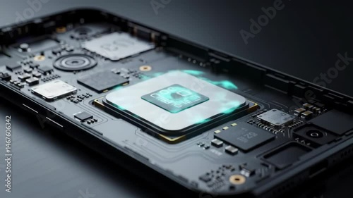 A CPU is placed onto a smartphone motherboard, emitting a teal energy pulse. For mobile technology, chip manufacturing, or device innovation. Highlights compact power, smart tech. 4k 60 fps.