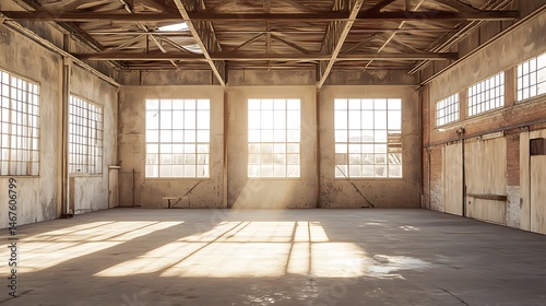 Empty industrial structure with sunlight streaming through windows