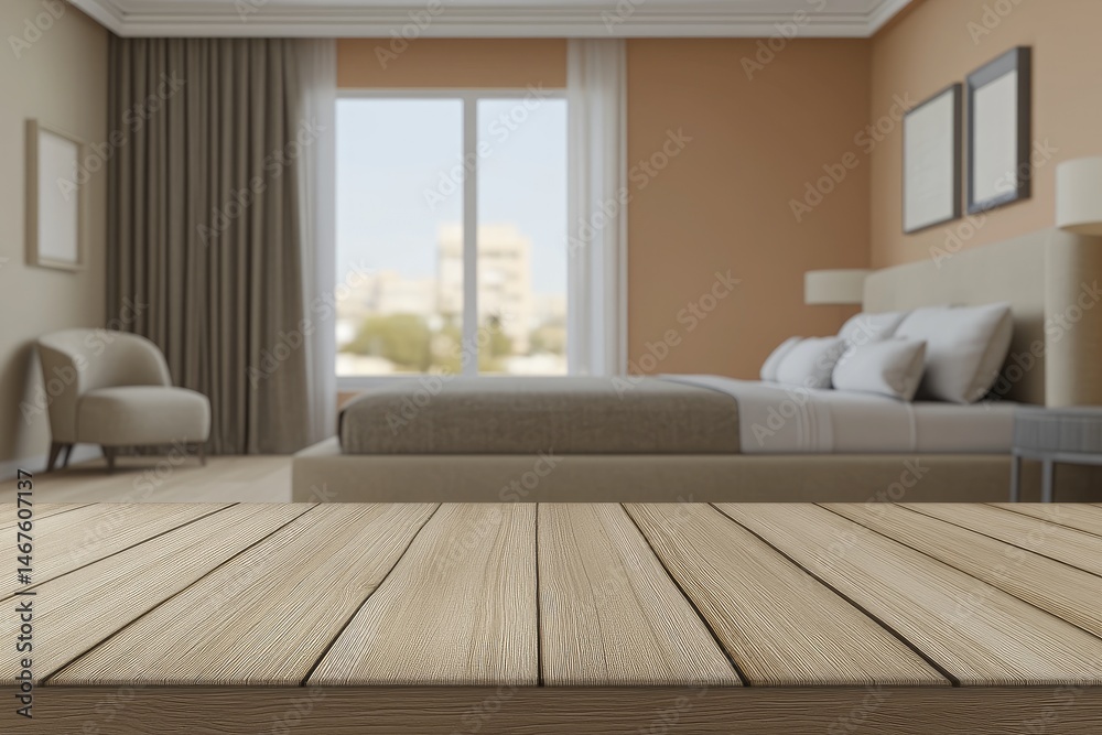 Fototapeta premium Bedroom Interior, Wooden Tabletop