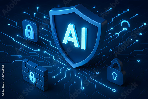 A dynamic representation of artificial intelligence security, featuring a shield with 'AI' in glowing blue, surrounded by locks and circuit patterns indicating digital safety.