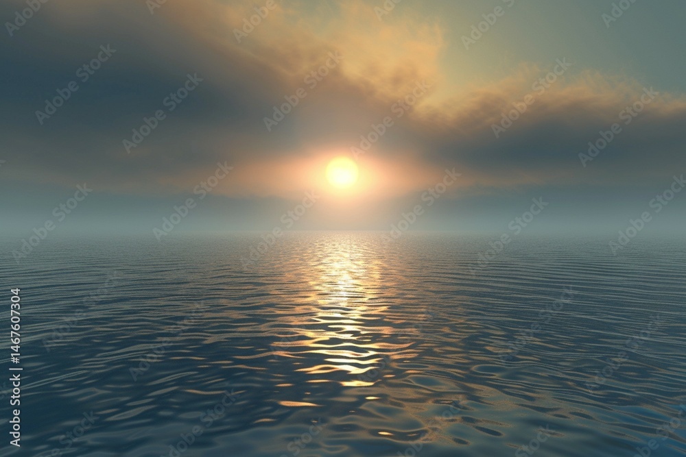 Obraz premium Golden light paints the morning and evening horizon where the sun meets the sea, a beautiful reflection on the water