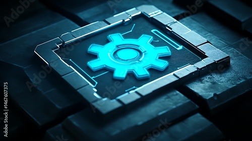 Futuristic gear graphic on dark blocks