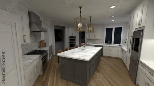 Bright kitchen interior design with central island, stainless appliances and gold lights