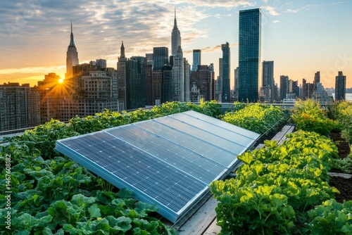 Urban rooftop garden with solar panels at sunrise.