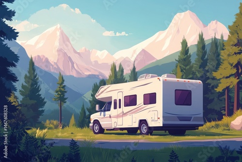 Wallpaper Mural Sleek white electric bus parked in a lush green meadow, framed by towering mountains and a dense forest Torontodigital.ca