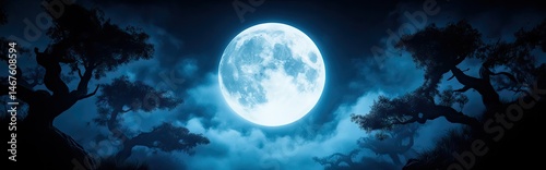 A serene night scene featuring a large glowing full moon above silhouetted trees and dramatic blue clouds