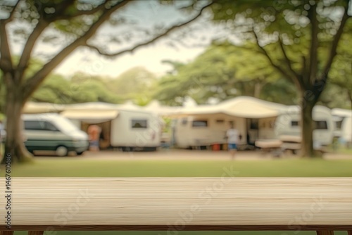 Empty wooden table in a park campground