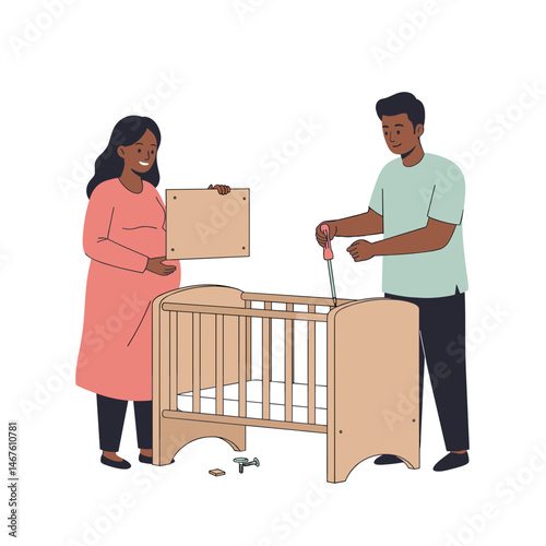 Expecting couple assembling a crib together in a cozy environment  